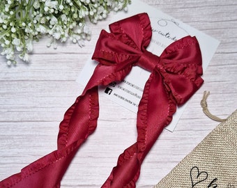 Red long tail ruffle ribbon bow, adult hair accessories, satin ruffle ribbon hair barrette, chunky oversize bow,  valentines bow