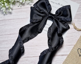 Black long tail ruffle ribbon bow, adult hair accessories, satin ruffle ribbon hair barrette, oversize bow