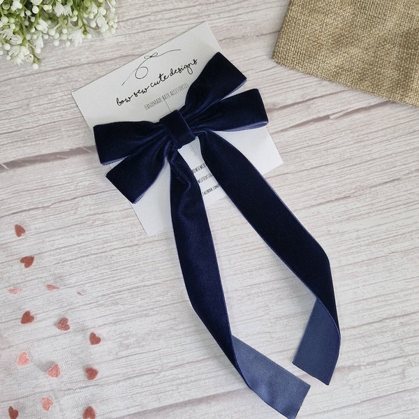 Dark blue velvet ribbon bow, adult hair accessories, antique blue velvet hair bow with long tails, handmade luxury velvet ribbon