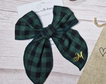 Personalised green tartan bow, initial check bow, green christmas bow with initial
