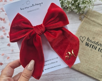 Personalised red velvet bow, initial velvet bow, red velvet bow with initial, adult hair accessories