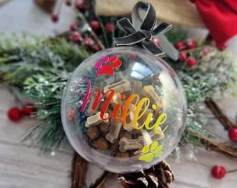 Personalised filled pet bauble, dog treat bauble, cat treat bauble, rainbow pet bauble, dogs first Christmas gift