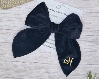 Personalised black velvet bow, initial velvet bow, black velvet bow with initial