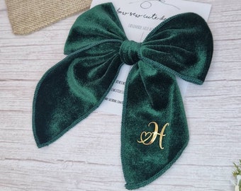 Personalised green velvet bow, initial velvet bow, green velvet bow with initial