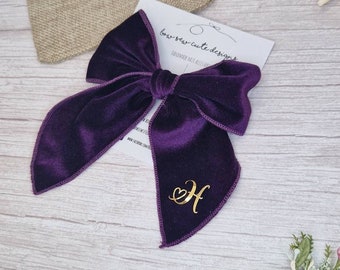 Personalised purple velvet bow, initial velvet bow, purple velvet bow with initial, gift for her