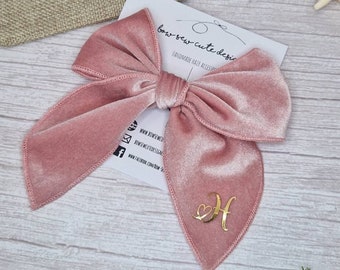 Personalised pink velvet bow, initial velvet bow, pink velvet bow with initial, gift bow