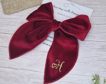 Personalised burgundy red velvet ribbon bow, adult hair accessories, school bow, wine bow, gift for her