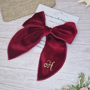 Personalised burgundy red velvet ribbon bow, adult hair accessories, school bow, wine bow, gift for her