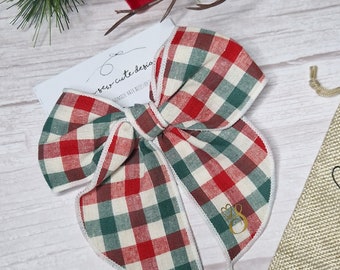 Personalised green tartan bow, initial check bow, green red and cream bow with initial