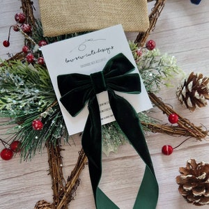 Dark Green long tail velvet ribbon bow, Emerald green bow, adult hair accessories, Christmas bow, school bow,  garland wreath bow