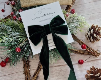Dark Green long tail velvet ribbon bow, Emerald green bow, adult hair accessories, Christmas bow, school bow