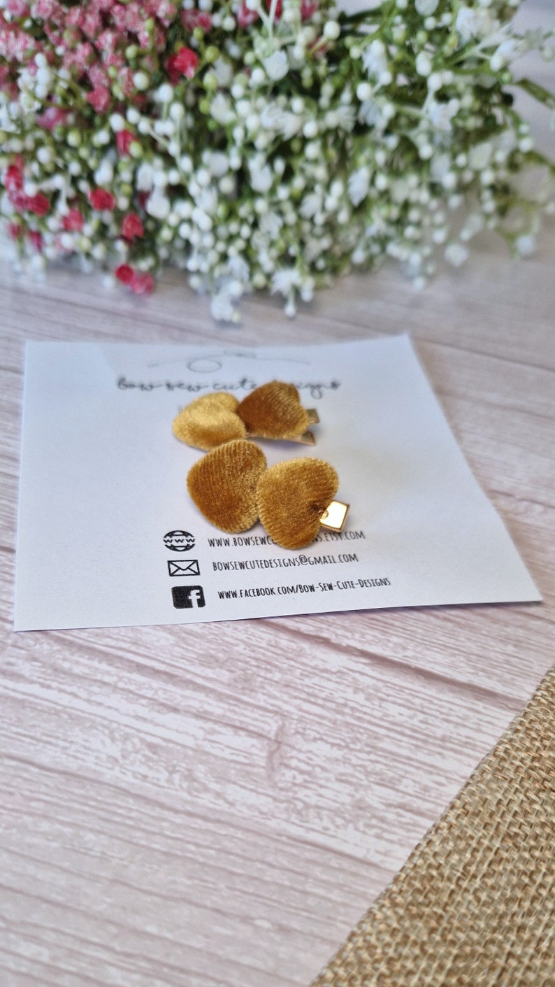 Velvet gold mustard heart hair clips, small hair bow set, girls hair bow gift set, pretty hair clips, yellow hair accessories image 2