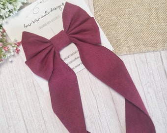 Pink suede velvet ribbon bow, adult hair accessories, raspberry pink hair ribbon, long tail hair bow, wedding accessories, faux suede bow