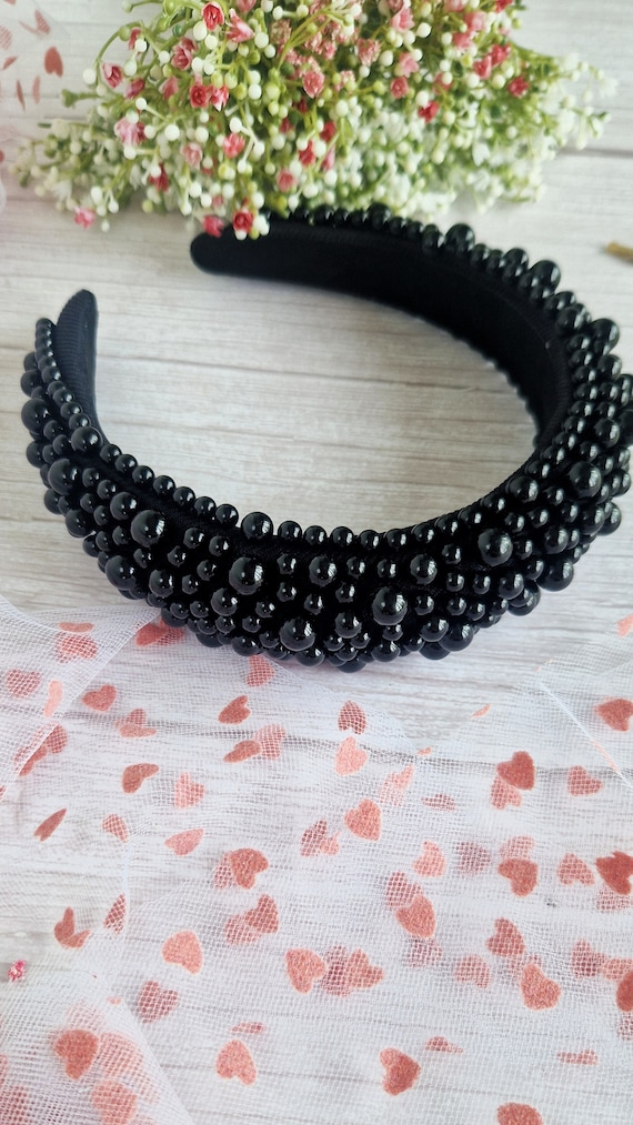 Pearl Black Headband, Chunky Black Hair Band, Pearl  display picture 1