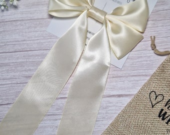 Ivory long tail satin ribbon bow, adult hair accessories, ribbon hair barrette, chunky oversize bow, bridal hair bow