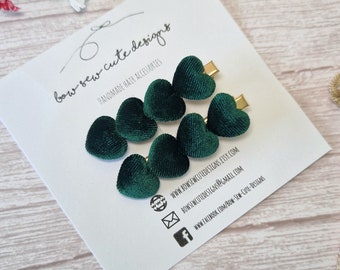 Velvet green heart hair clips, small hair bow set, girls hair bow gift set, pretty hair clips, adult hair accessories