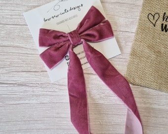 Rose pink long tail velvet ribbon bow, adult hair accessories, handmade hair ribbon,