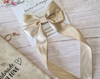 Champagne long tail satin ribbon bow,  pale gold adult hair accessories, wedding hair bow barrette,