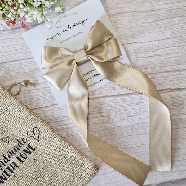 Champagne long tail satin ribbon bow,  pale gold adult hair accessories, wedding hair bow barrette,