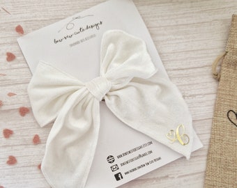 Personalised white velvet bow, initial velvet bow, white velvet bow with initial, wedding hair, flower girl hair