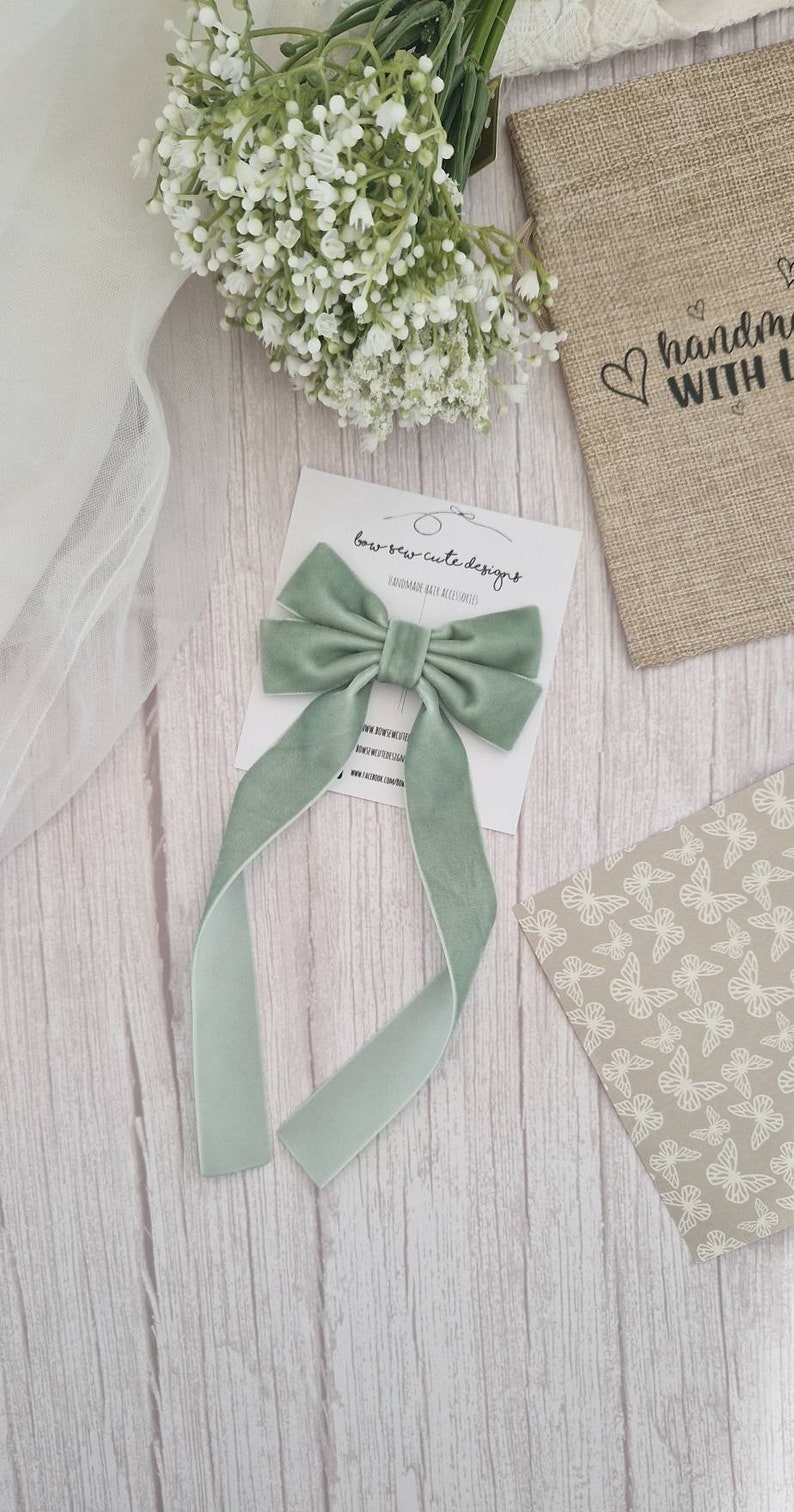 Sage green velvet ribbon bow, adult hair accessories, velvet hair ribbon, long tail hair bow, wedding accessories image 4