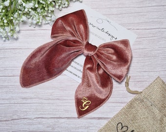 Personalised blush pink velvet bow, initial velvet bow, pink velvet bow with initial