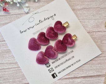 Rose pink heart hair clips, small hair bow set, girls hair bow gift set, pretty hair clips, dark pink hair accessories