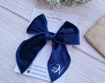 Personalised navy velvet ribbon bow, royal blue adult hair accessories, school bow, bow with initial
