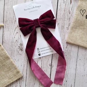 Plum red long tail velvet ribbon bow, adult hair accessories, school bow, wine bow Christmas bow