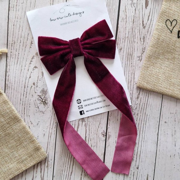 Plum red long tail velvet ribbon bow, adult hair accessories, school bow, wine bow Christmas bow