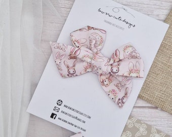 Hand tied fabric hair bow, easter present, easter gift for girl, bunny hair clip, girls pink bunny bow,
