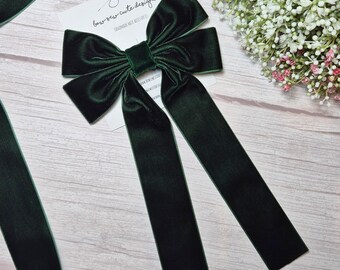 Chunky Dark Green long tail velvet ribbon bow, Large Emerald green bow, adult hair accessories, Christmas bow, XL bow