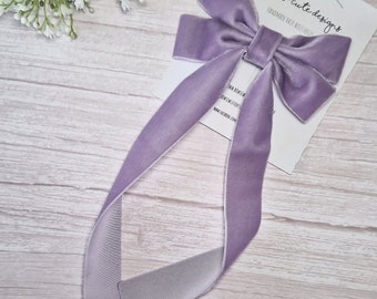 Pale purple long tail velvet ribbon bow, lavender adult hair accessories, wedding hair bow barrette
