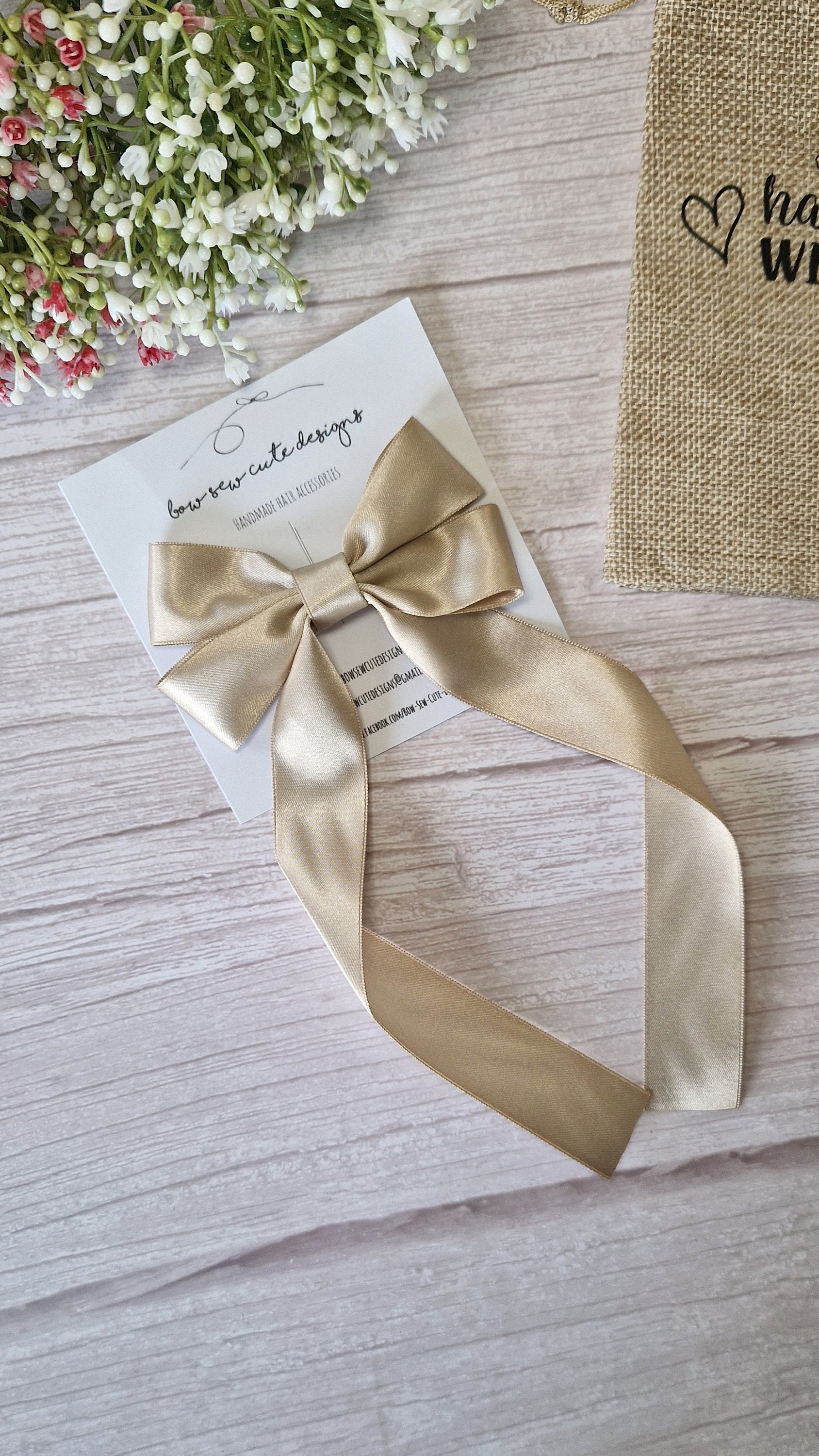 Champagne Long Tail Satin Ribbon Bow, Pale Gold Adult Hair Accessories ...