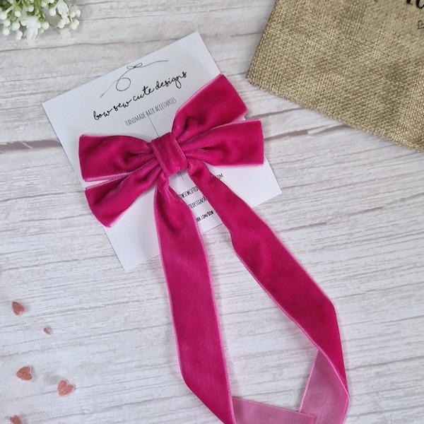 Fuchsia pink long tail velvet ribbon bow, adult hair accessories,