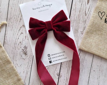Burgundy red long tail velvet ribbon bow, adult hair accessories, school bow, wine bow,  Christmas bow