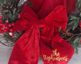 Personalised Red garland wreath bow, Christmas wreath long velvet bow, Christmas decorations with family name,