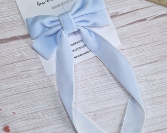 Baby blue velvet ribbon bow, adult hair accessories, pale ice blue velvet hair bow with long tails, wedding hair clip