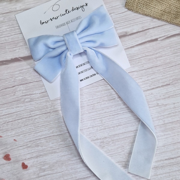 Baby blue velvet ribbon bow, adult hair accessories, pale ice blue velvet hair bow with long tails, wedding hair clip