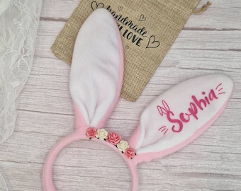 Personalised easter bunny ears headband, pink bunny ears with name, girls easter present, Personalised Easter gift