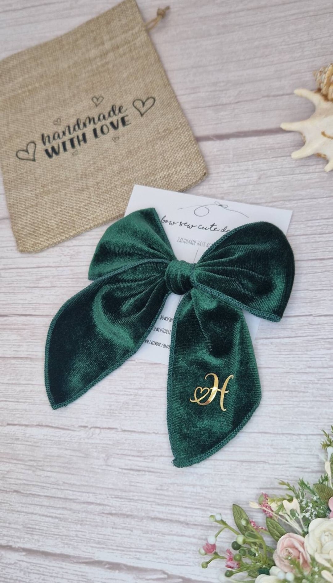 Personalised Green Velvet Bow, Initial Velvet Bow, Green Velvet Bow ...