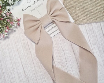Cream velvet suede ribbon bow, adult hair accessories, nude hair ribbon, long tail hair bow, wedding accessories, faux suede bow