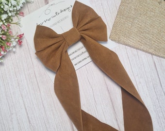 Chestnut brown velvet suede ribbon bow, adult hair accessories, brown hair ribbon, long tail hair bow, wedding accessories, faux suede bow