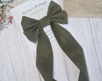 Khaki green suede velvet ribbon bow, adult hair accessories, olive hair ribbon, long tail hair bow, wedding accessories, faux suede bow