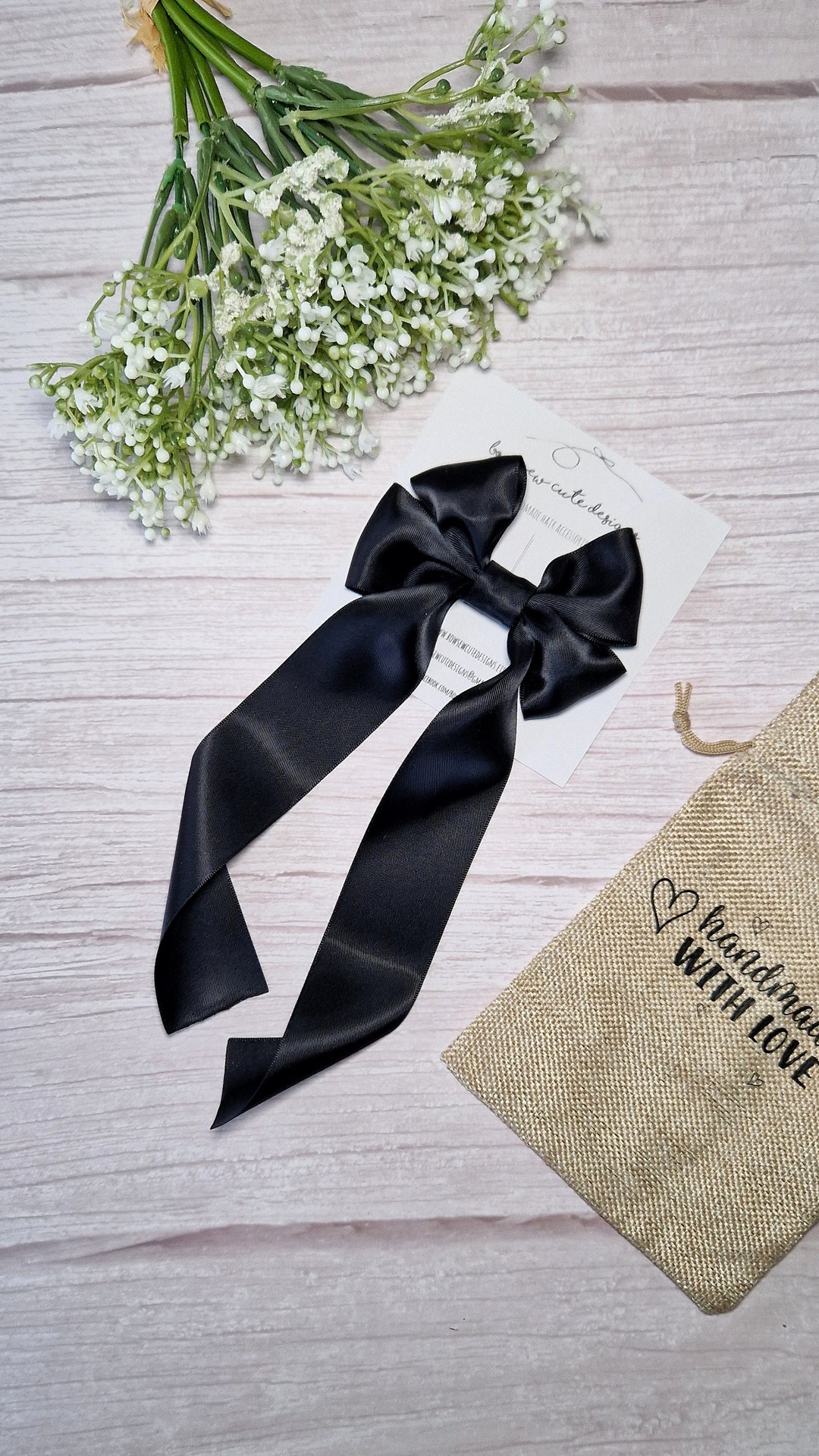 Black Long Tail Ribbon Bow, Adult Hair Accessories, Satin Ribbon Hair ...