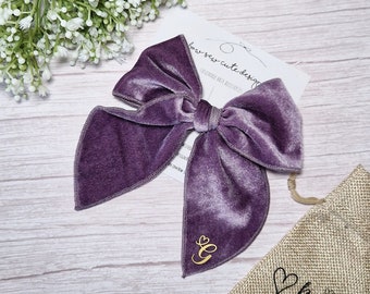 Personalised lilac purple velvet bow, initial velvet bow, lavender velvet bow with initial, gift bow