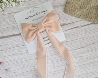 Soft peach pink velvet ribbon bow, long tail hair bow, adult hair accessories, wedding hair piece, peach velvet bow