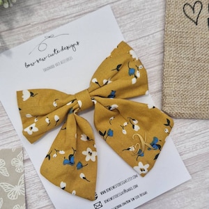 Personalised mustard floral bow, initial bow, yellow fabric bow with initial, birthday gift for her