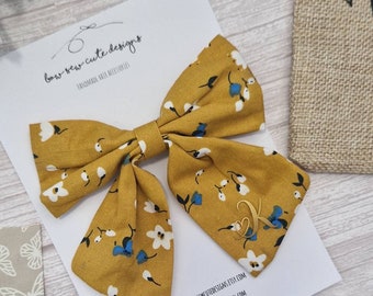 Personalised mustard floral bow, initial bow, yellow fabric bow with initial, birthday gift for her