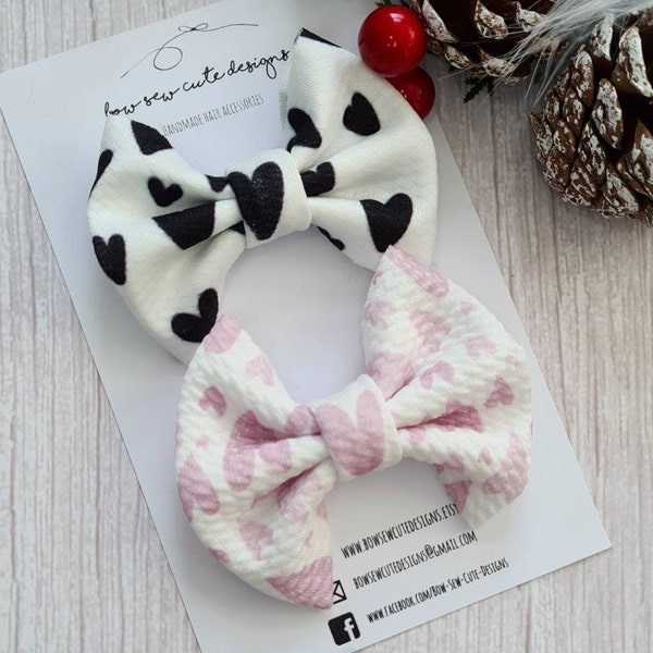 Heart fabric hair bow set. Black and pink soft hair clips, kids valentines gift